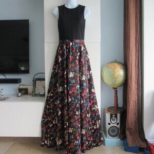 ALICE + OLIVIA Floral Print Silk Skirt Maxi Dress, Stretch Bodice 4 / XS Black
